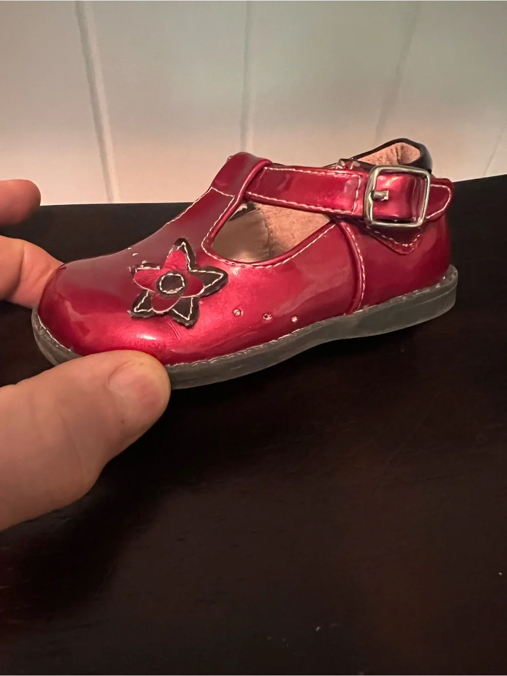 FootMates Shiny Red T-Strap Flower Mary Janes